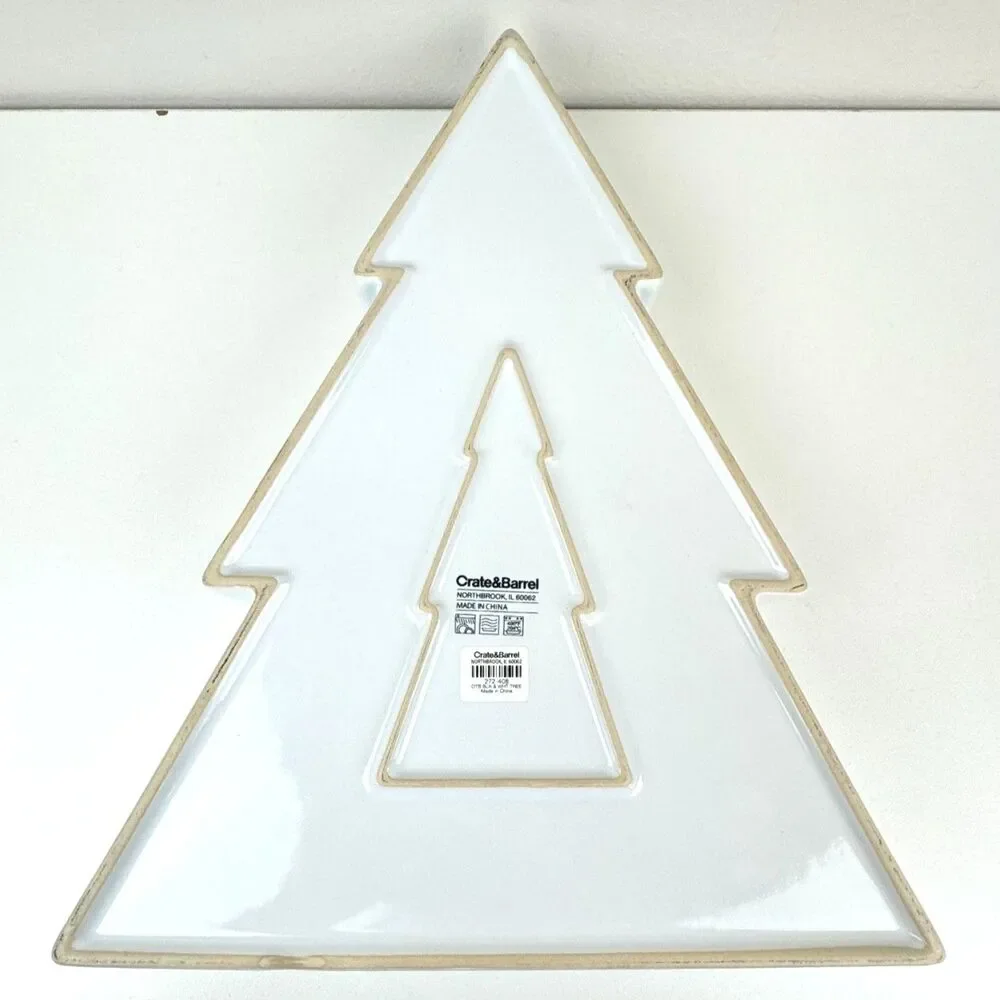 Crate & Barrel White Ceramic Christmas Pine Tree Serving Dish Platter Tray NEW